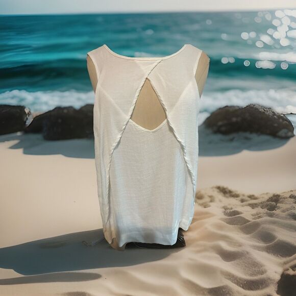 Free People white gauze blouse High Neck Keyhole Sleeveless Cool Airy Small - Picture 1 of 3